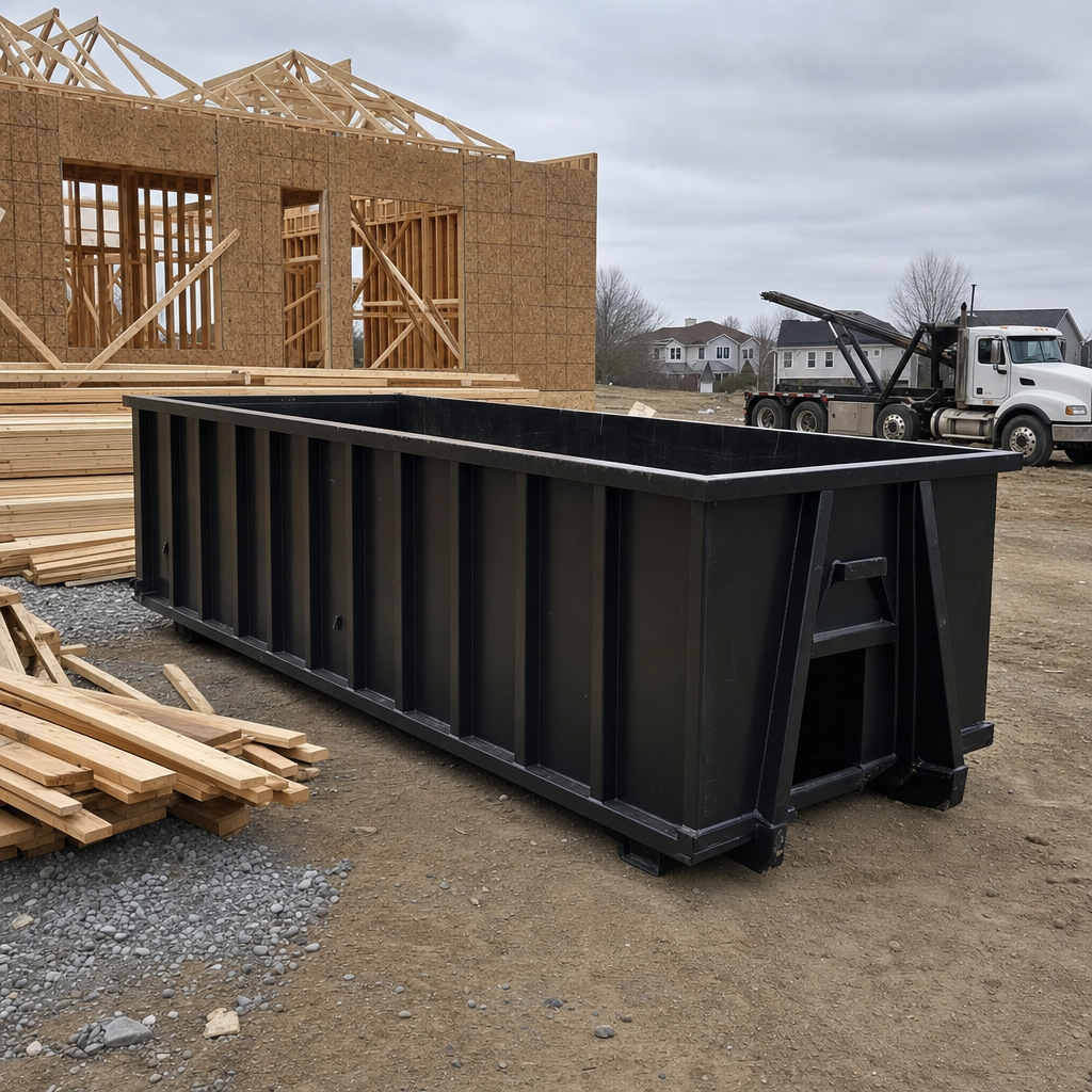 Matte-black 40-yard roll-off dumpster staged on a framed-out residential construction site in Ogden, framing lumber stacked nearby, hooklift delivery truck visible in the background under bright Colorado daylight