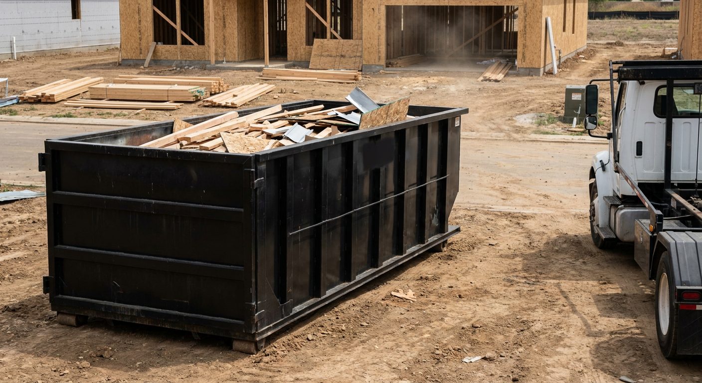 Matte-black 20-yard roll-off construction dumpster with heavy ribbed steel sidewalls and swing rear doors at a working jobsite in Ogden, sitting directly on compacted dirt with an unmarked white hauler partially visible at the far edge of the frame.