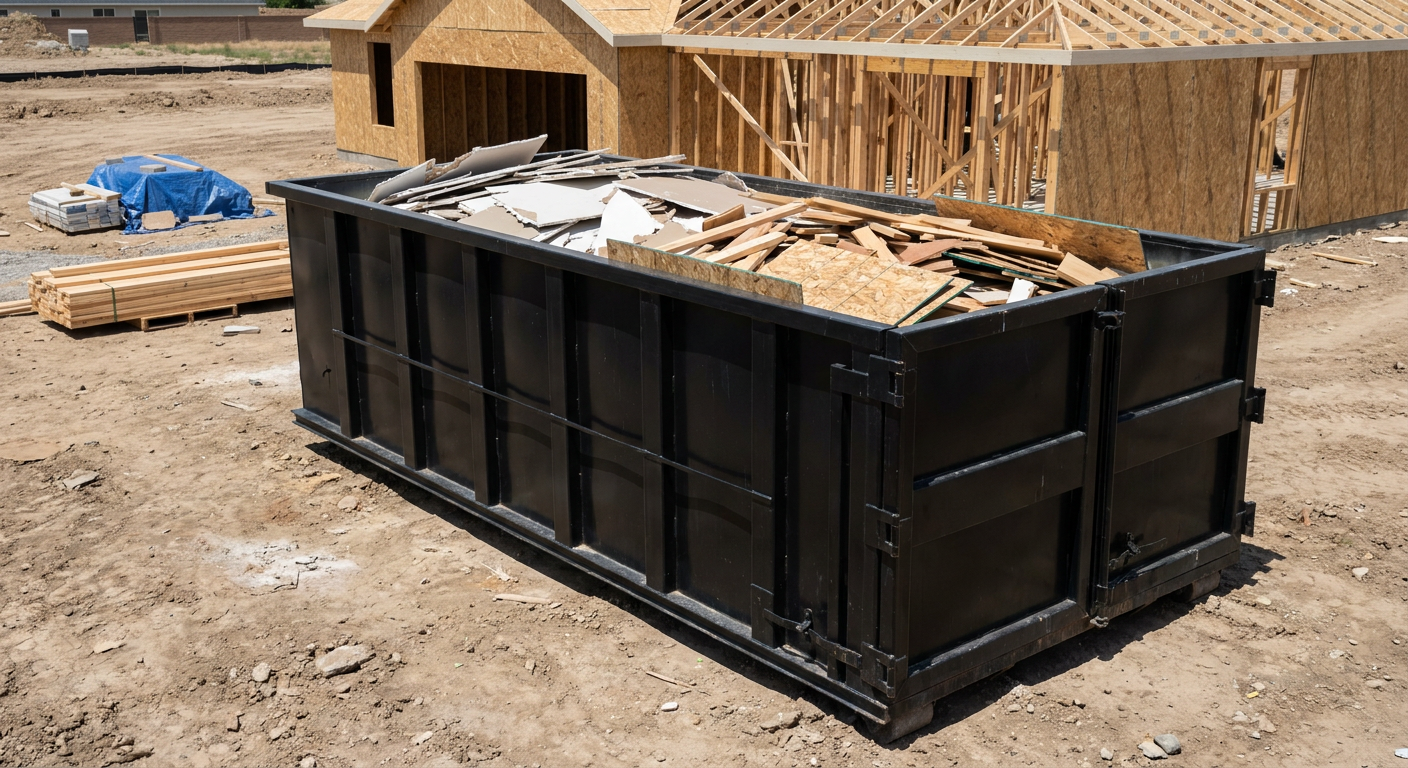Matte-black 30-yard roll-off construction dumpster sitting directly on the compacted-dirt site of a framed single-family home build in Ogden, drywall and lumber scrap loaded inside.