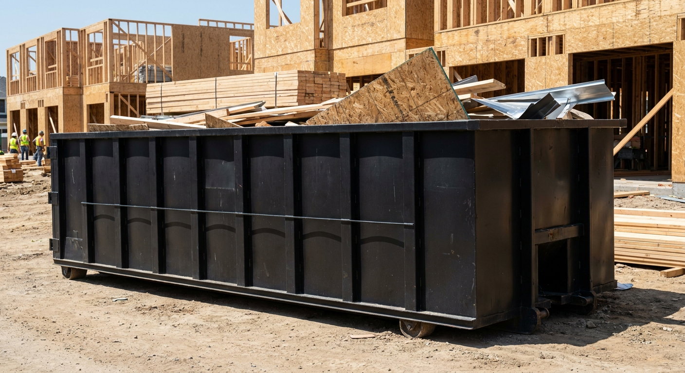 Matte-black 40-yard roll-off construction dumpster being lowered from a white-cab hooklift delivery truck onto the compacted-dirt jobsite at a commercial build site in Ogden