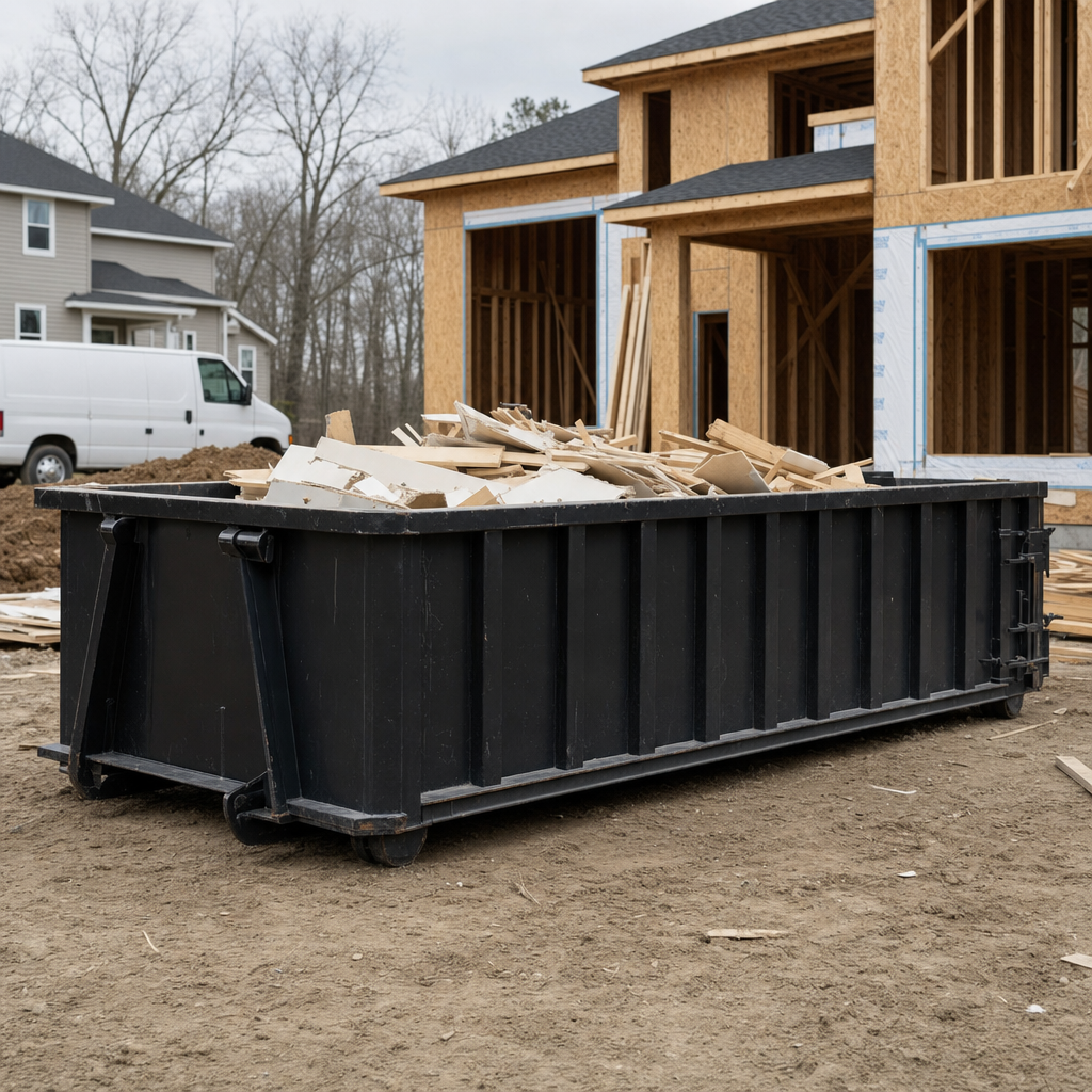 Worker in a yellow high-visibility vest tossing framing lumber and broken drywall into a matte-black 30-yard construction roll-off dumpster on an active build site in Ogden, bright daylight