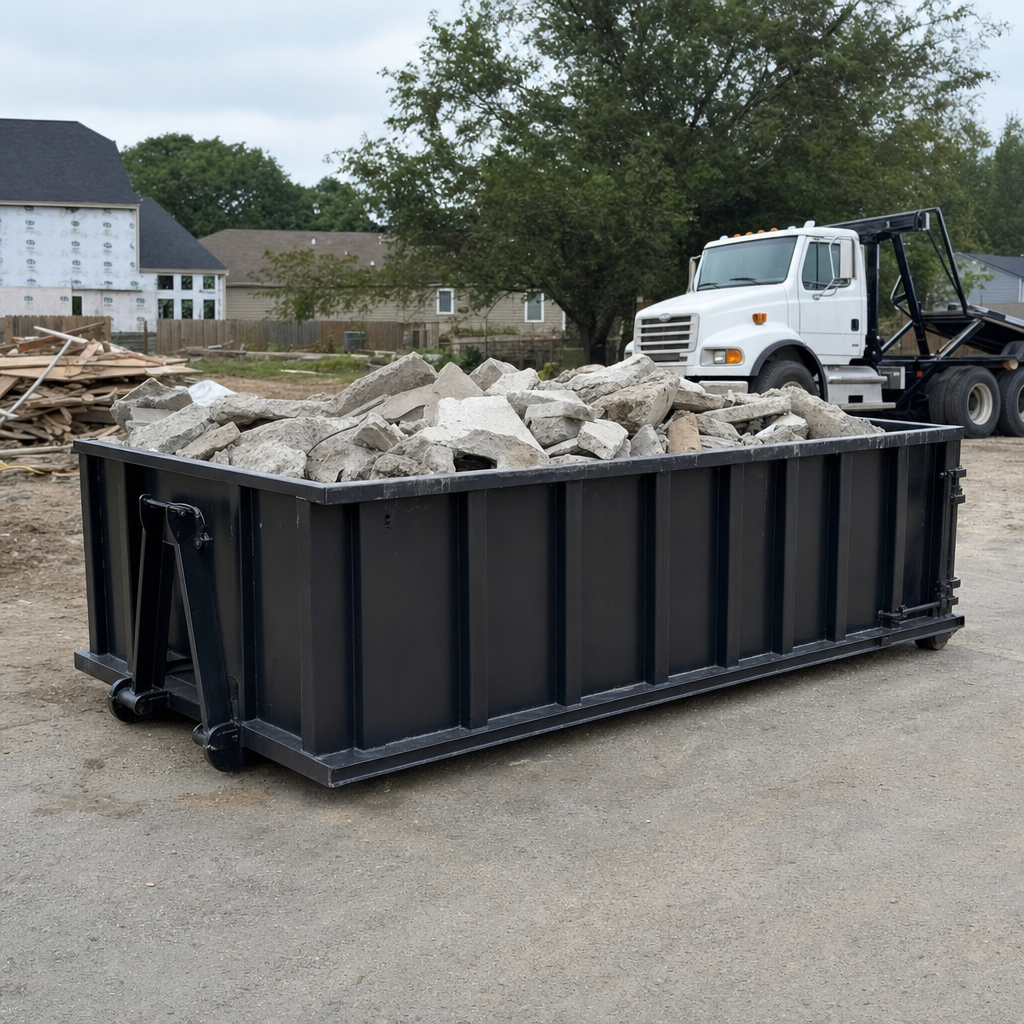 Low-profile matte-black lowboy roll-off dumpster loaded with broken concrete slab and rebar at a foundation tear-out in Ogden, skid steer parked beside it, sunny Colorado morning