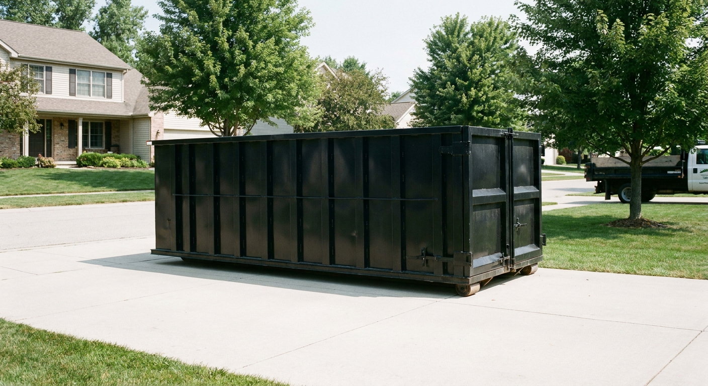 Matte-black 20-yard roll-off dumpster sitting level on a clean Ogden residential concrete driveway under bright daylight, demonstrating clean placement directly on the concrete.