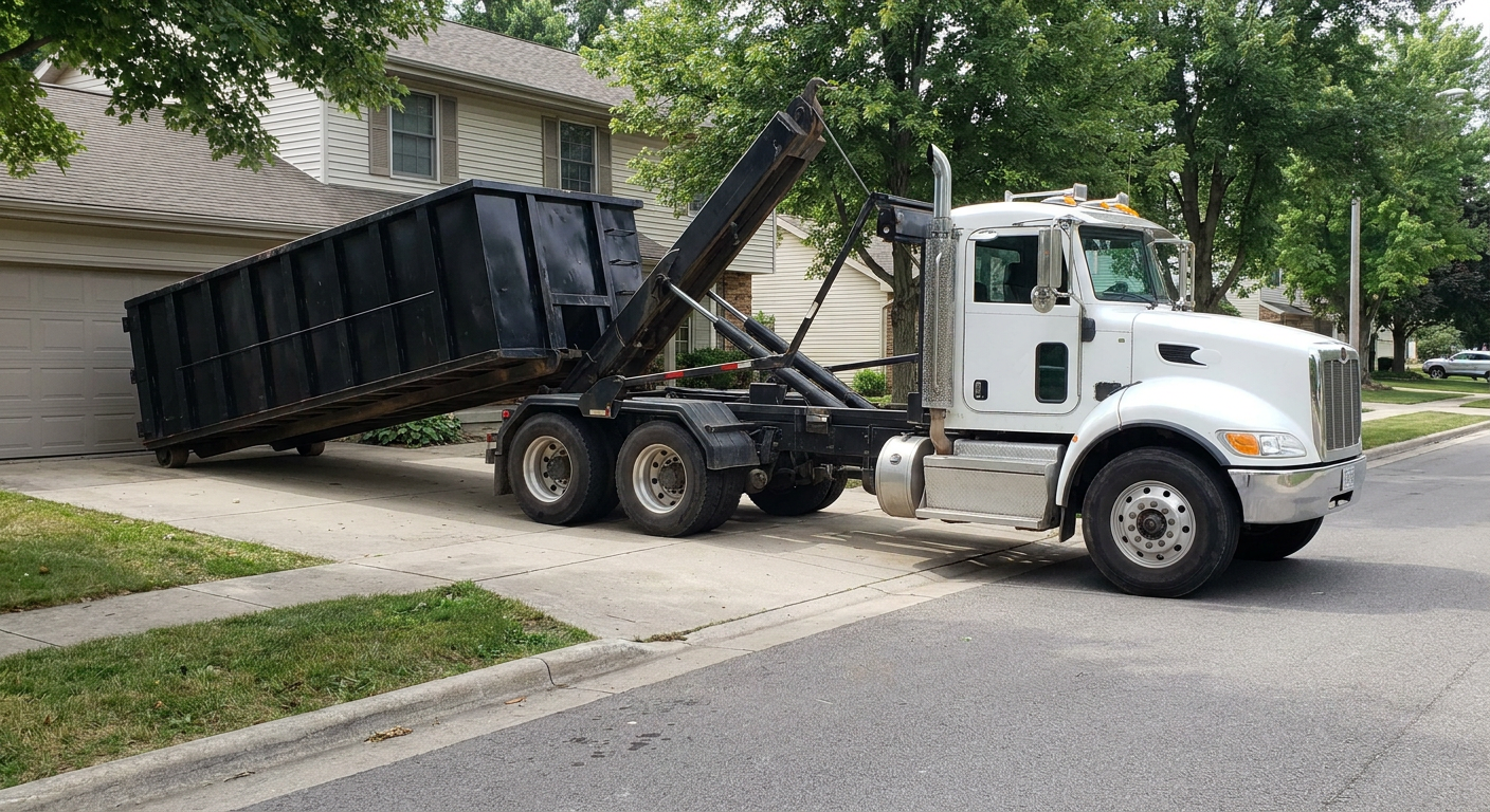 White-cab hooklift roll-off truck actively lowering a matte-black dumpster onto a Ogden residential concrete driveway, the dumpster's rear wheels touching the driveway as the hoist arm tilts the bed forward, mid-morning daylight.
