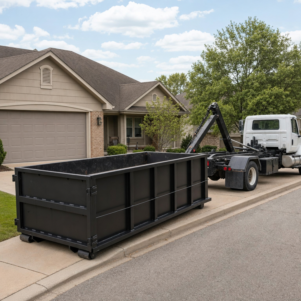 Wide documentary shot of a matte-black roll-off dumpster on a Ogden residential driveway in the foreground and a contractor jobsite container in the soft-focus background, bright daylight, calm and orderly composition.