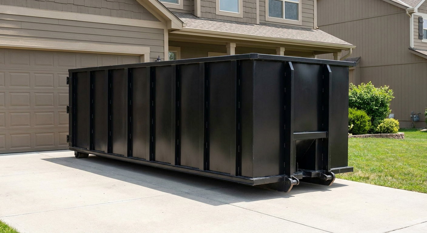 Matte-black residential roll-off dumpster sitting directly on a suburban Ogden concrete driveway, garage door closed, single-family home in background, bright morning daylight.