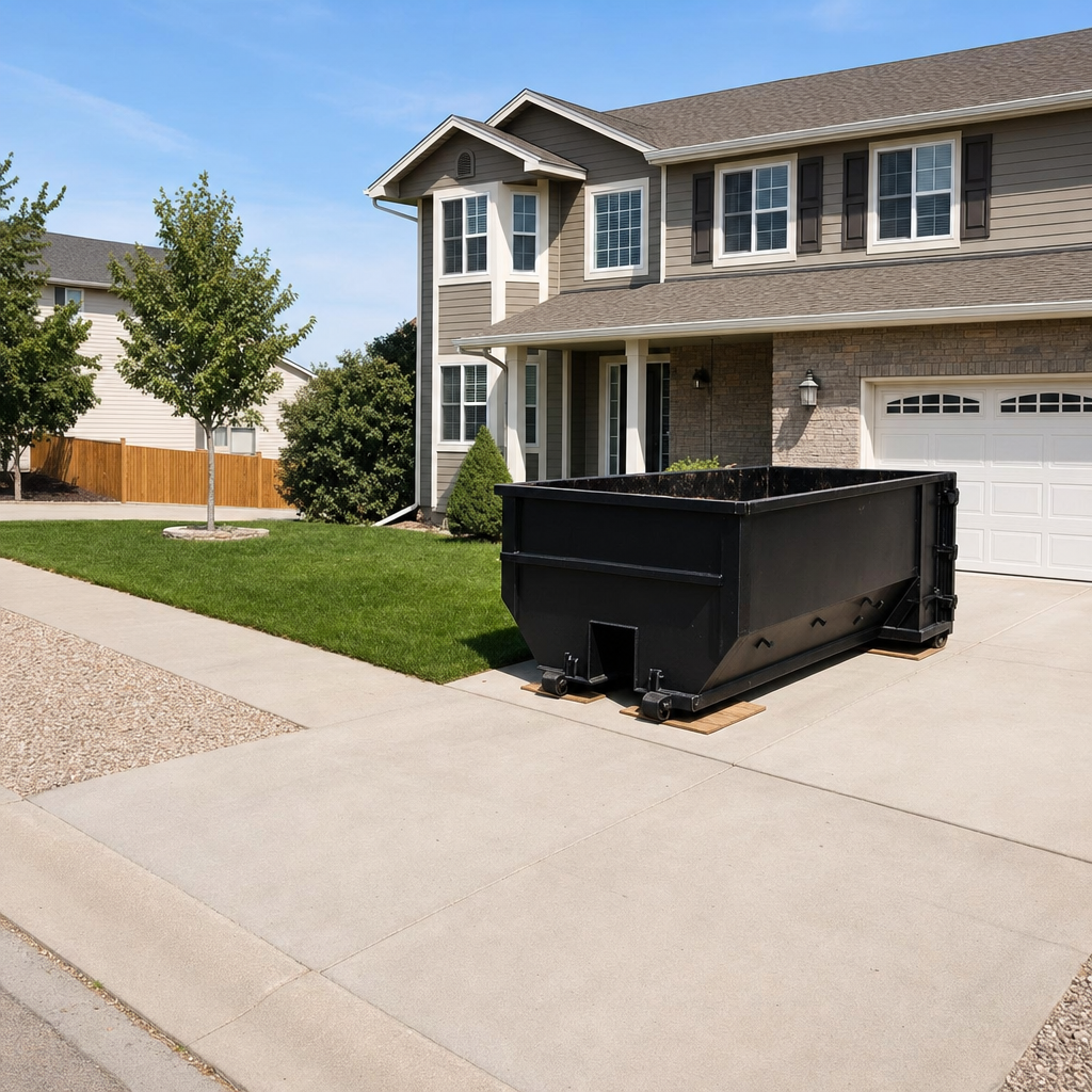 10-yard matte-black residential dumpster placed directly on a narrow Ogden concrete driveway, room remains for a parked sedan beside it, mid-morning natural light