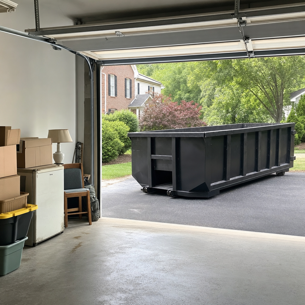 Open garage interior in a Ogden home mid-cleanout — boxed items, an old appliance, and stacked yard tools queued near the driveway for a matte-black roll-off dumpster, organized and calm