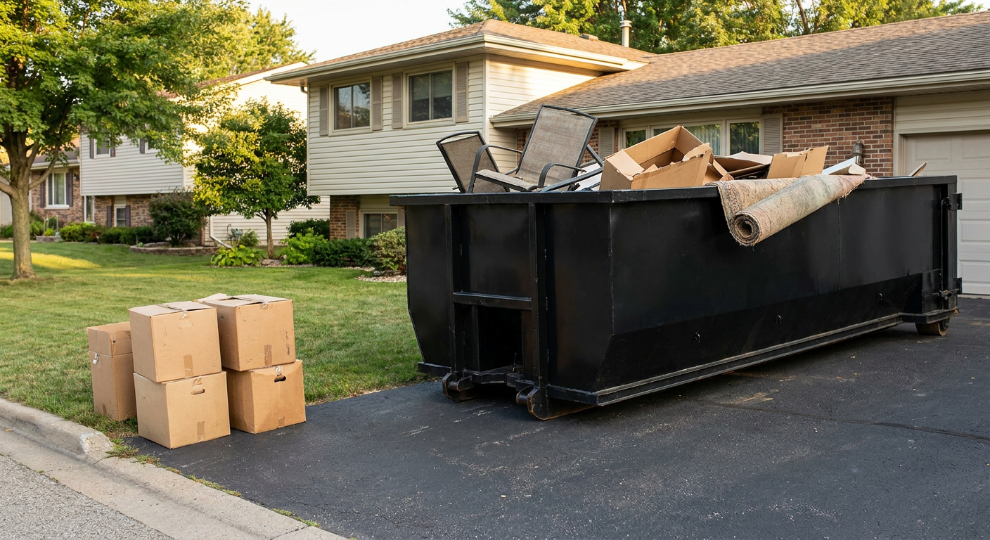 Front-yard view of a Ogden split-level home with a 20-yard matte-black roll-off dumpster sitting directly on the asphalt driveway, a few clearly labeled donation boxes staged at the curb, calm sunny afternoon.
