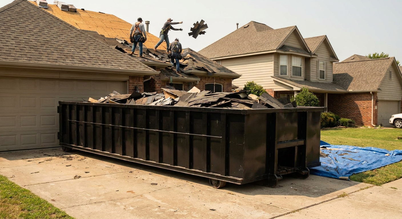 Matte-black roofing roll-off dumpster placed directly on a Ogden residential concrete driveway, a tear-off crew on a two-story asphalt-shingle roof tossing shingle bundles into the low-walled container, bright daylight, documentary 35mm perspective.