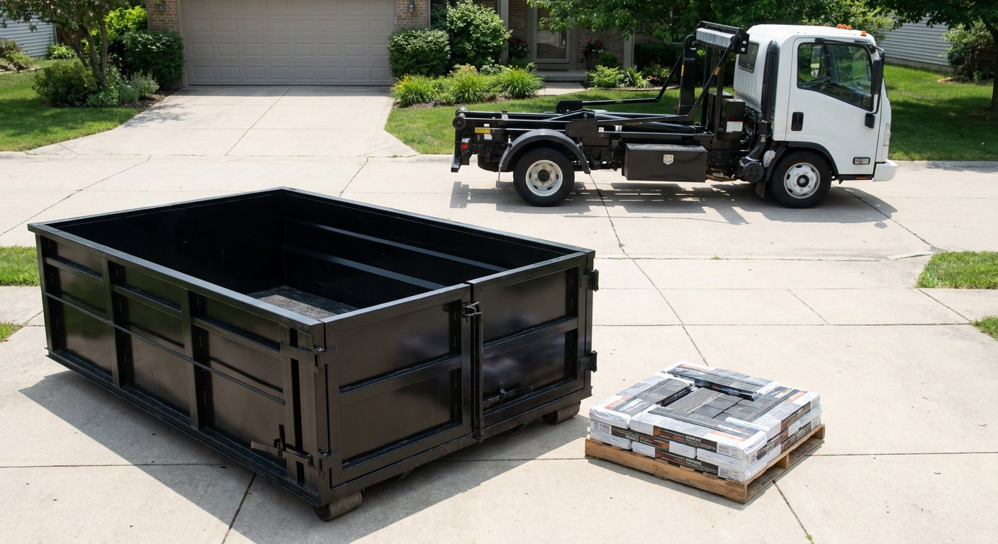 Matte-black 15-yard roofing roll-off dumpster with reinforced low side walls sitting directly on a Ogden residential concrete driveway, three-tab asphalt shingle bundles stacked nearby, an unmarked white hauler truck partially visible at the edge of the frame.