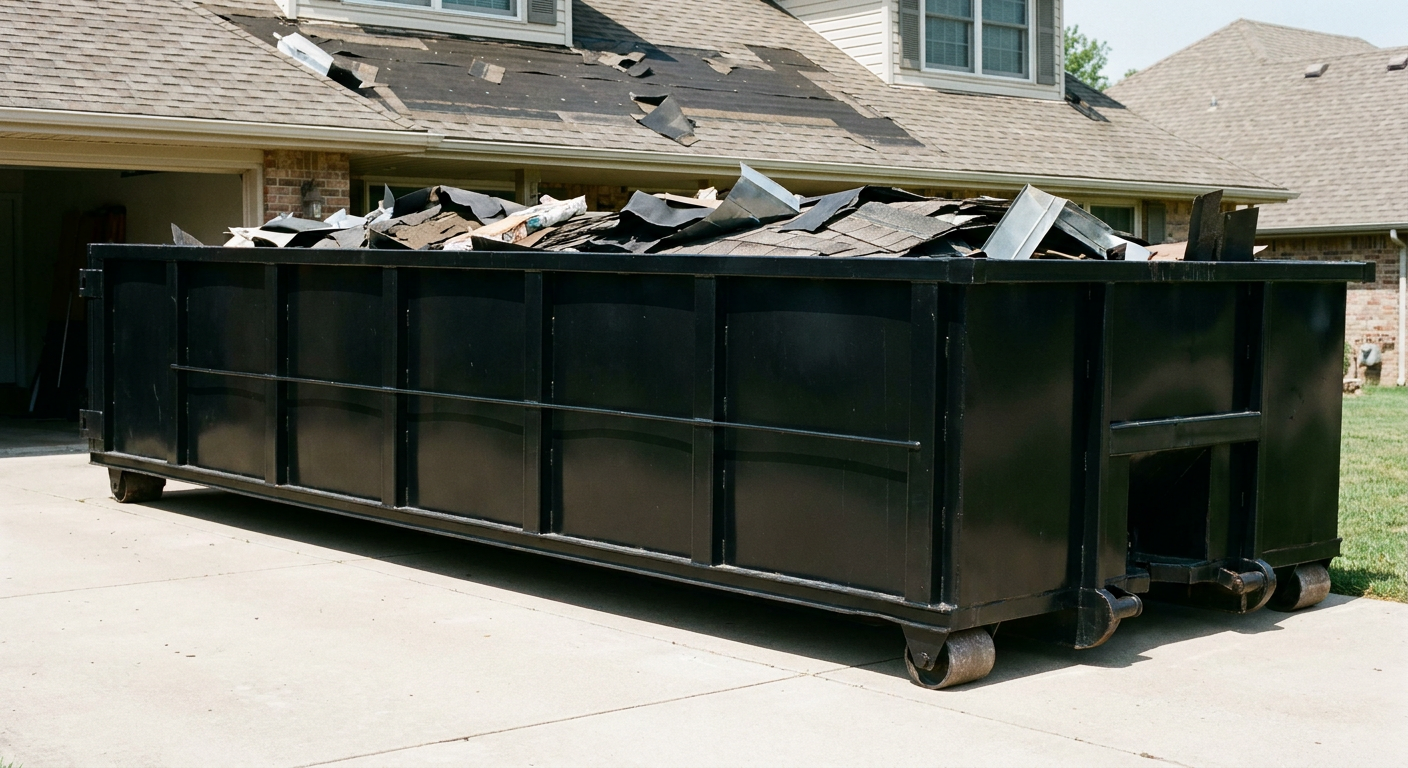 Matte-black 20-yard roofing roll-off dumpster with steel ribbed sides and swinging rear door, sitting directly on the concrete driveway of a two-story Ogden home, asphalt shingle debris being loaded over the low wall, clean documentary lighting.