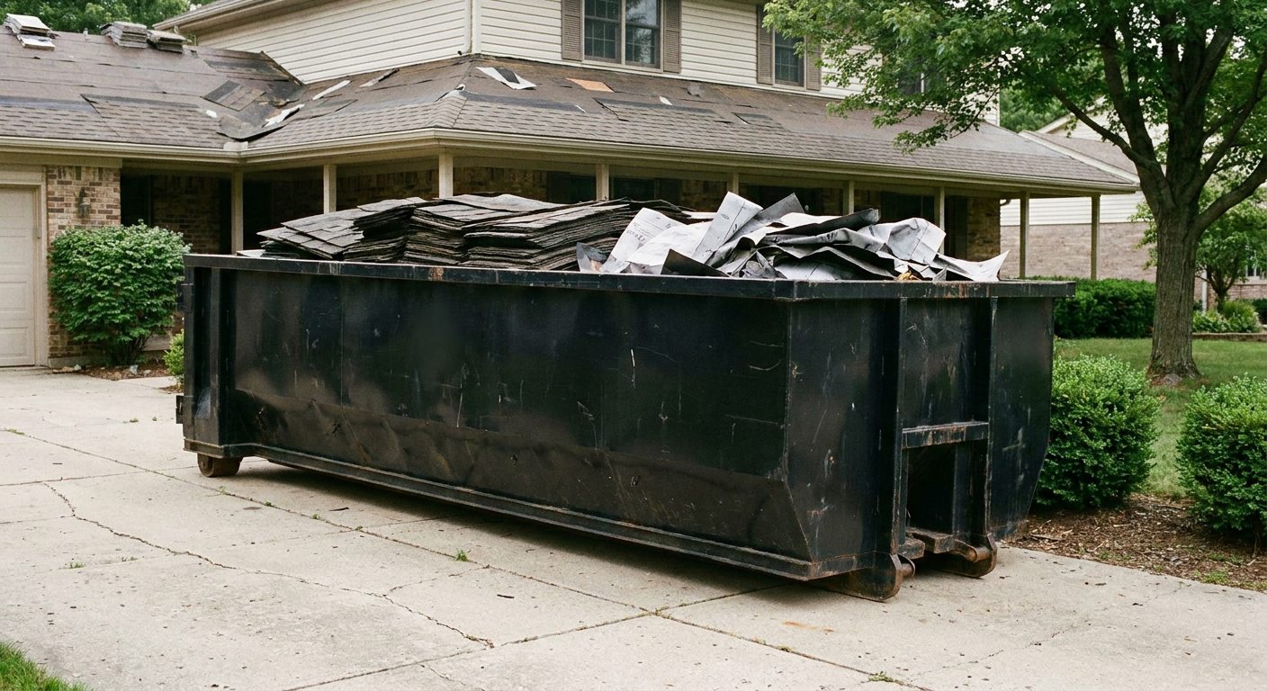 Matte-black 30-yard roofing roll-off dumpster sitting directly on a Ogden concrete driveway, taller ribbed steel side panels, mixed tear-off debris of asphalt shingles and underlayment inside, professional documentary daylight.