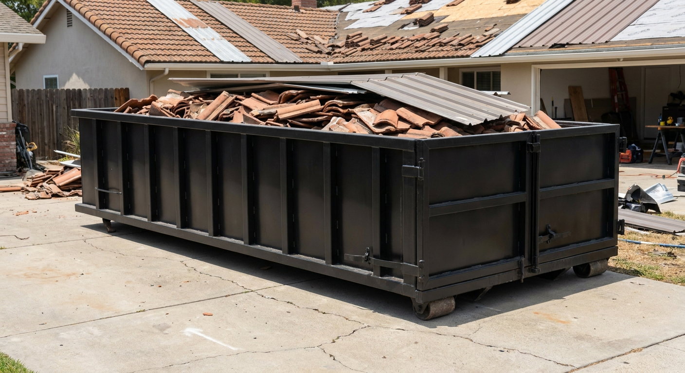 Matte-black low-wall heavy-debris roofing roll-off dumpster sitting directly on a Ogden concrete driveway, broken concrete clay roof tiles and metal panel sections loaded inside, reinforced ribbed steel side walls visible, bright outdoor daylight.