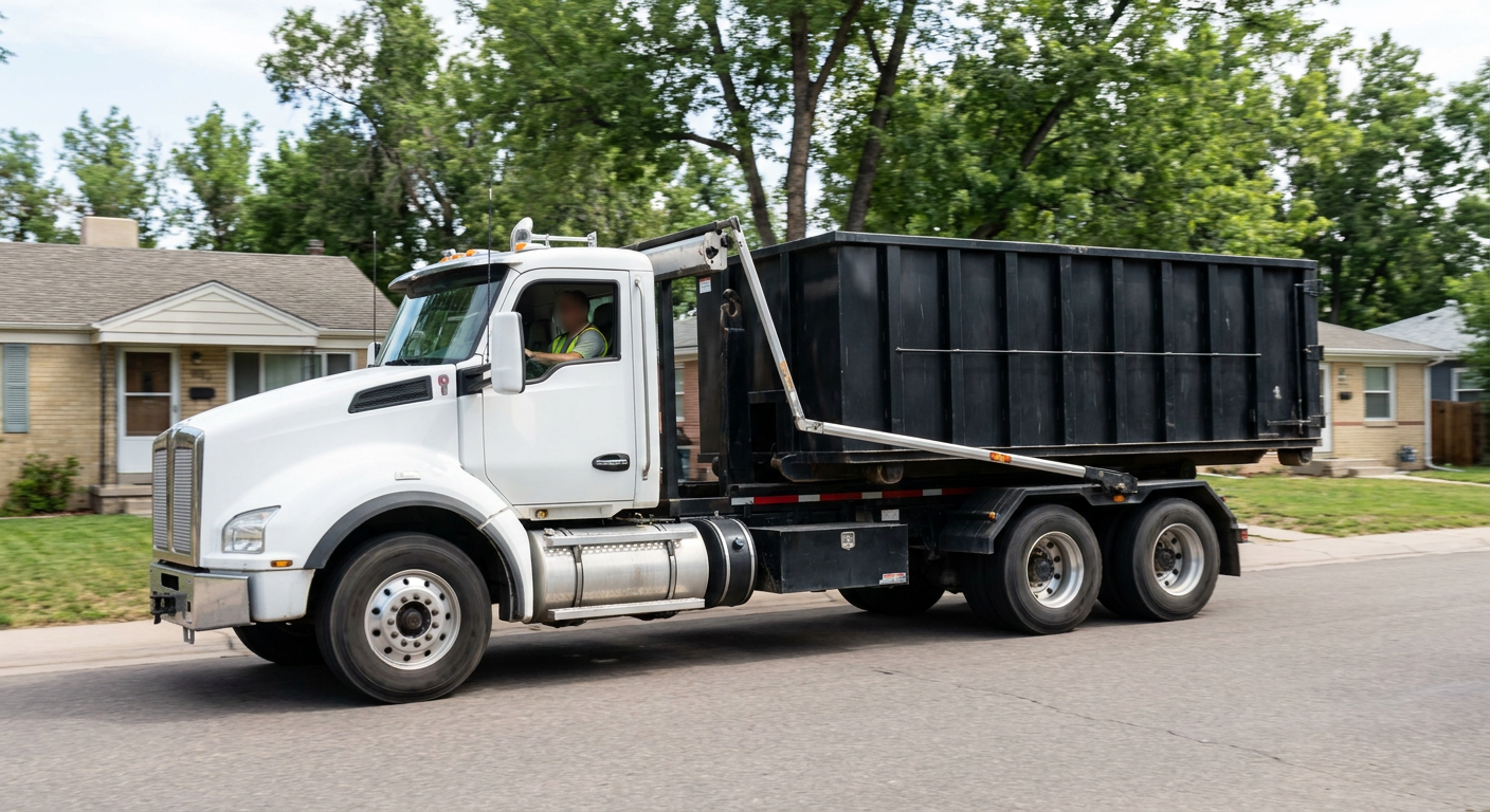 A wide documentary shot of a matte-black roll-off delivery truck pulling onto a quiet Ogden residential street at mid-morning, with neighborhood rooftops and tree-lined blocks visible behind, showing the metro coverage footprint.