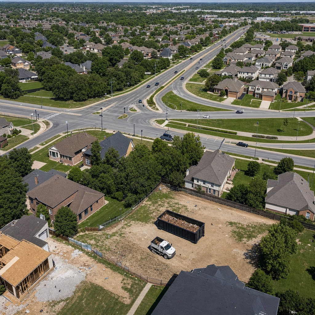 An overhead documentary view of the Ogden metro area at midday, showing the spread of neighborhoods, arterial roads, and the dispatch radius from a central yard — clean daylight, organized geographic layout.