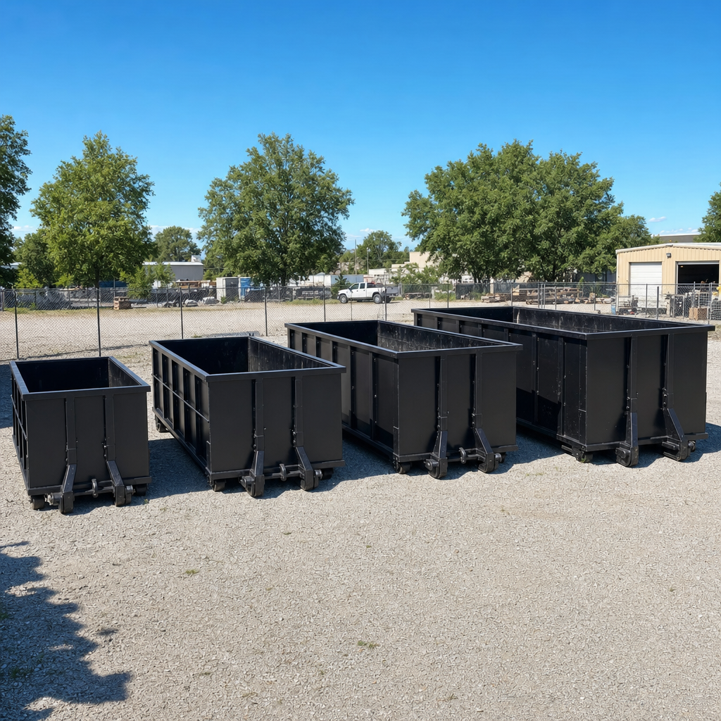 A clean lineup of matte-black roll-off dumpsters in 10, 20, 30, and 40-yard sizes staged on a sunlit gravel yard in Ogden, showing the size progression from compact to commercial-scale containers.