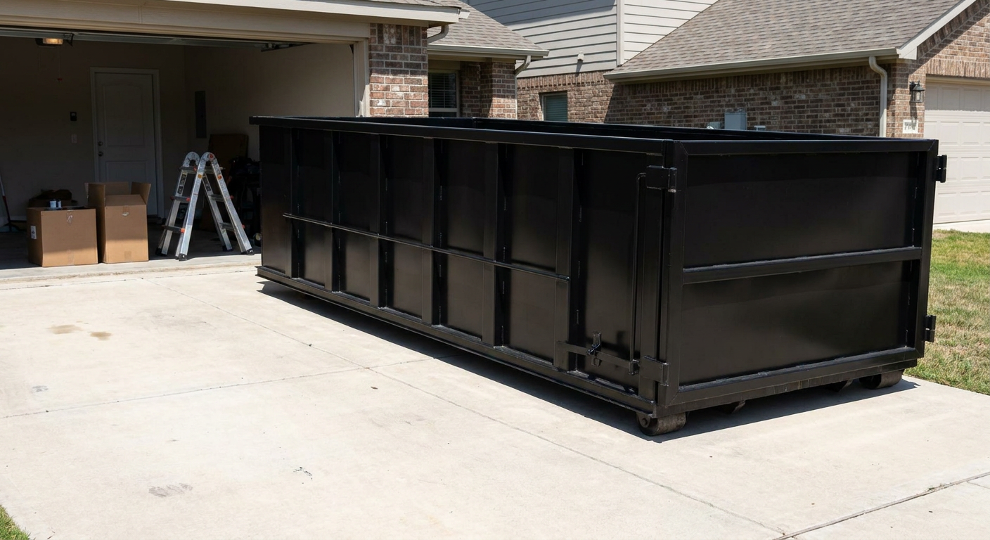 A matte-black 10-yard roll-off dumpster sitting directly on a residential Ogden concrete driveway, mid-day sunlight, clean and ready for a garage cleanout.