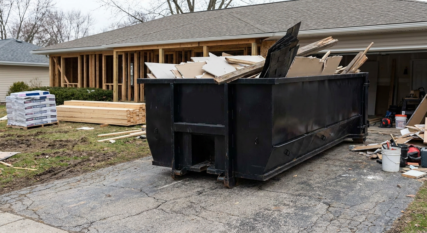 A matte-black 20-yard roll-off dumpster placed alongside a mid-renovation Ogden home directly on the asphalt driveway, with framing materials and torn-off shingles staged neatly nearby.