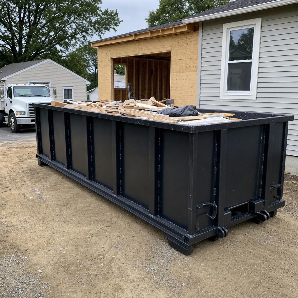 A matte-black 30-yard roll-off dumpster positioned at a Ogden residential addition jobsite, with framing lumber and drywall scraps loaded through the open swinging rear doors.