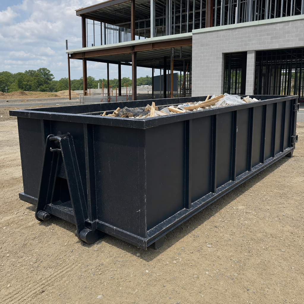 A matte-black 40-yard roll-off dumpster staged on a large Ogden commercial construction lot, with a hooklift delivery truck parked alongside under bright midday sky.