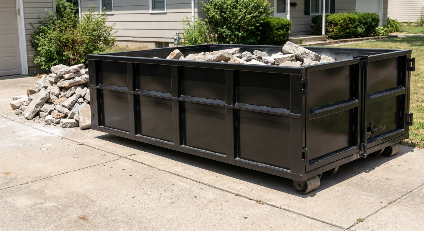 A matte-black low-side heavy-debris roll-off dumpster placed directly on a Ogden concrete driveway, with broken concrete chunks neatly stacked beside it under clean daylight.